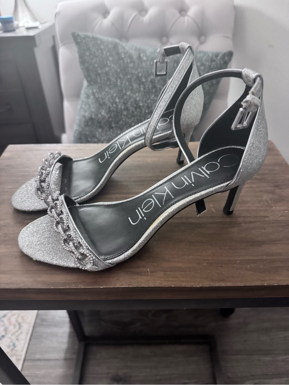 Calvin Klein Silver Glitter Chain-Accent Ankle Strap Heels